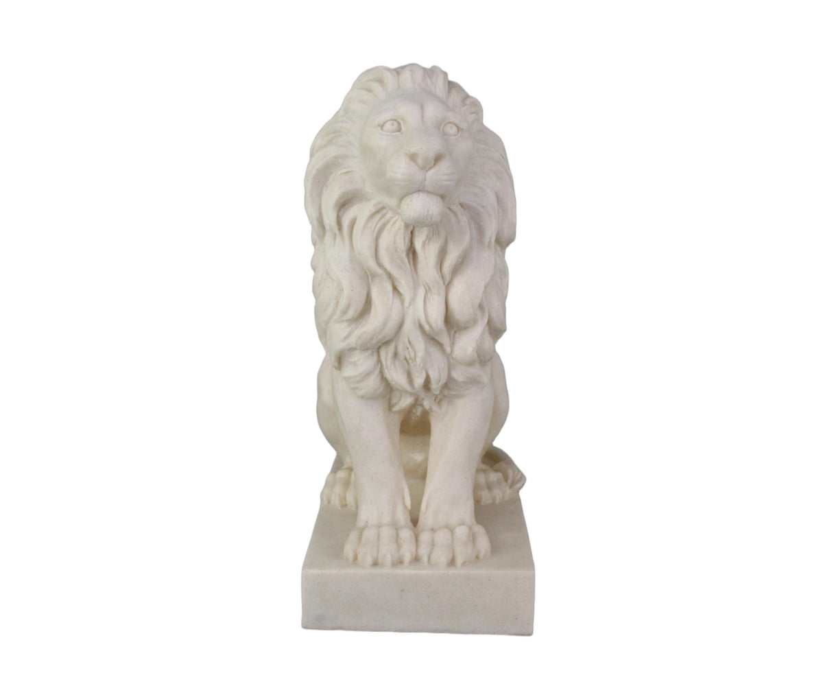 White Seated Lion Sculpture on Square Plinth