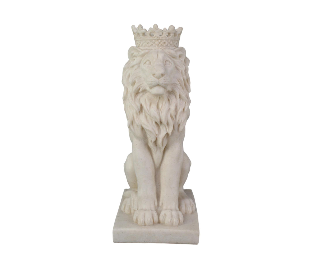 Crowned White Lion Figurine on Square Plinth