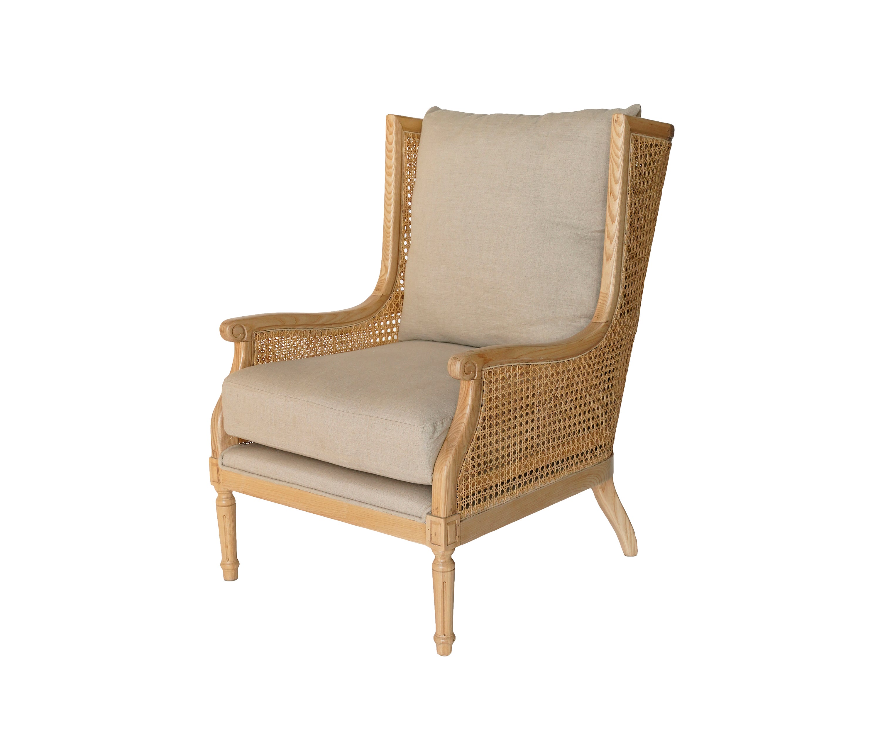 Natural Cane Lounge Armchair with Fabric Upholstery