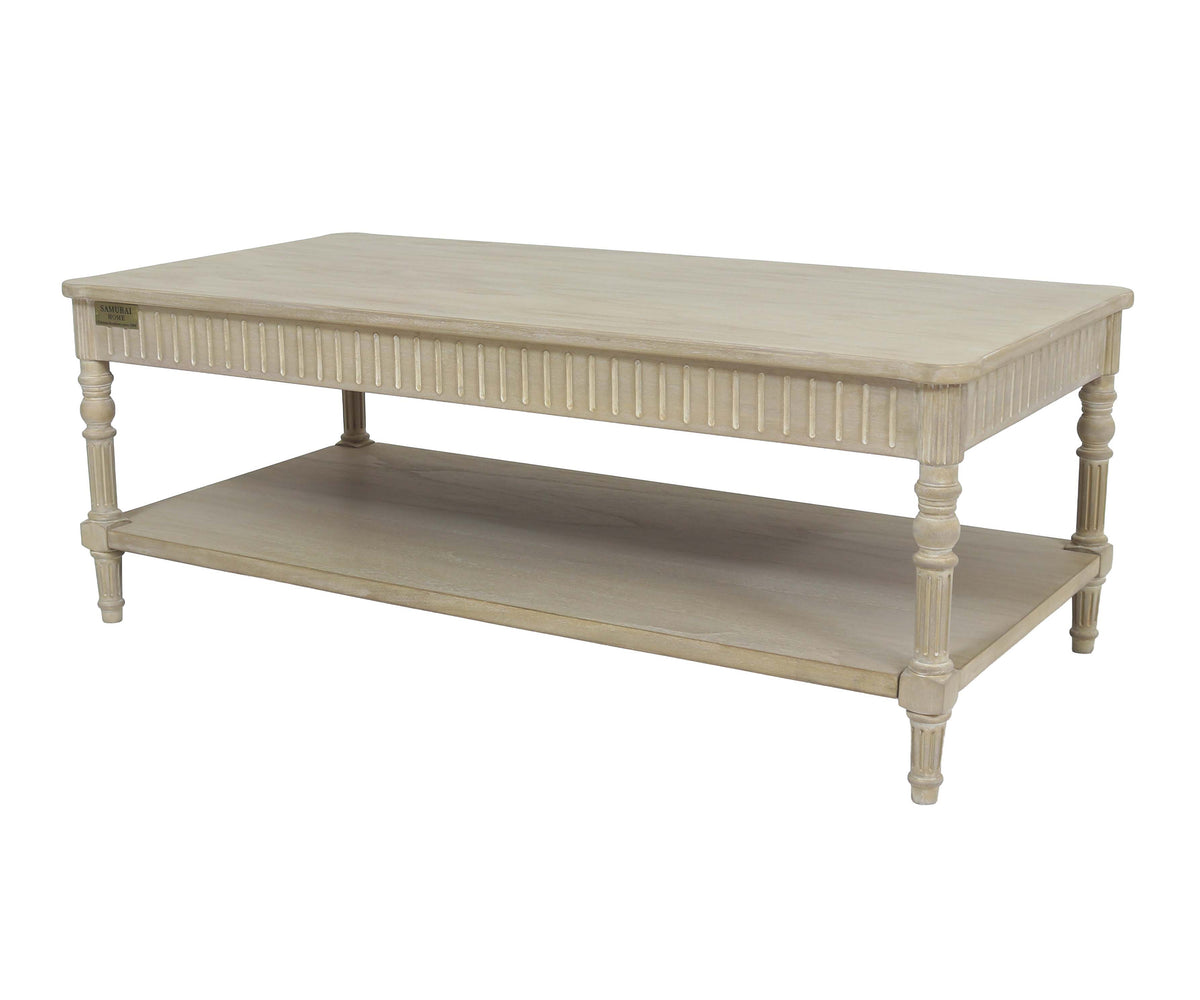 Fluted Edge Rectangular Wooden Coffee Table with Lower Shelf