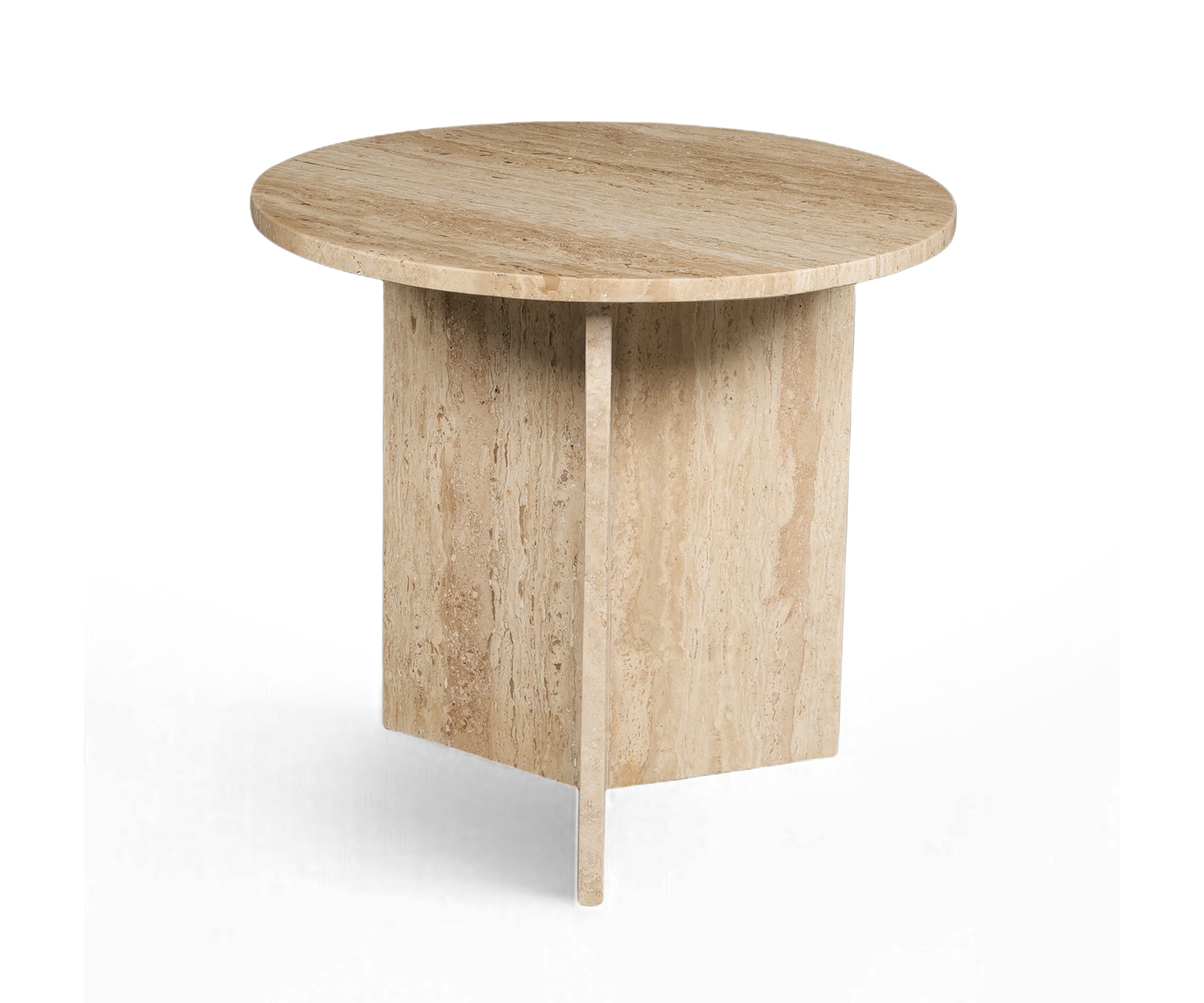 Round Travertine Stone Side Table with Sculptural Pedestal Base