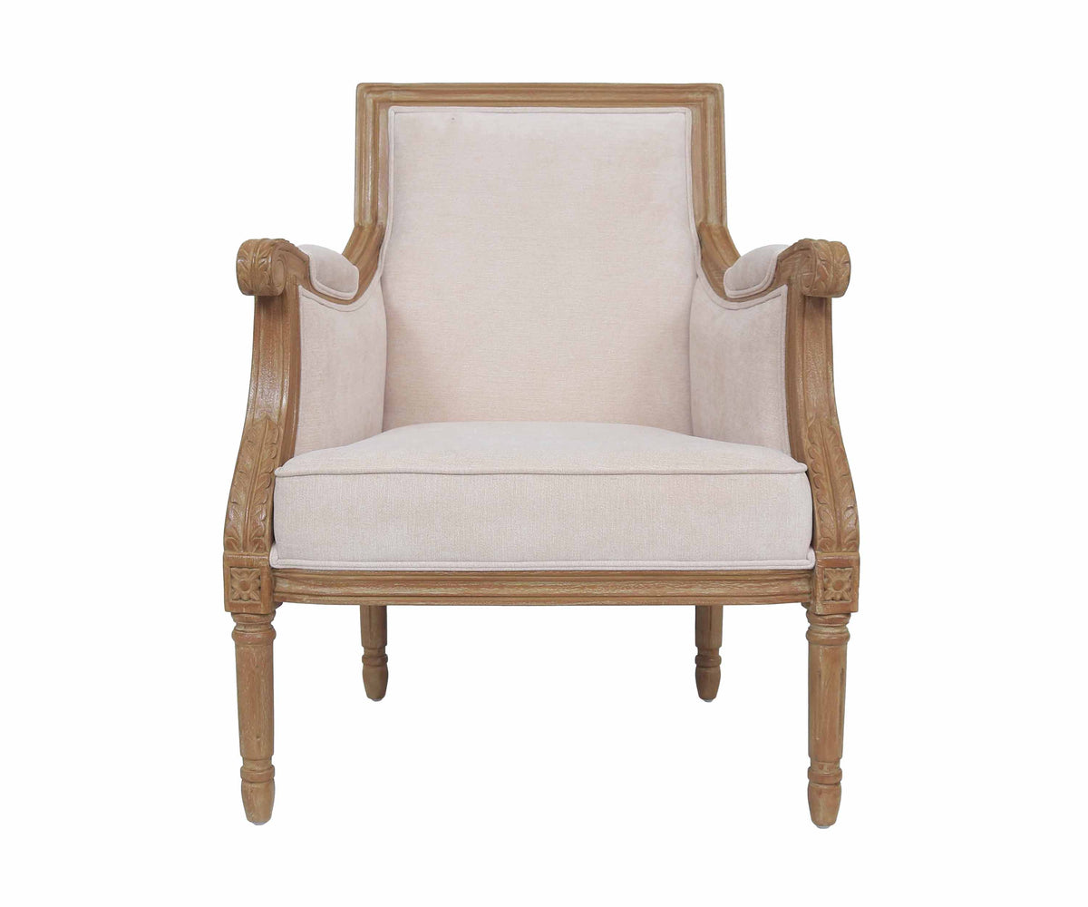 French Bergere Armchair with Carved Wood Frame in Light Beige
