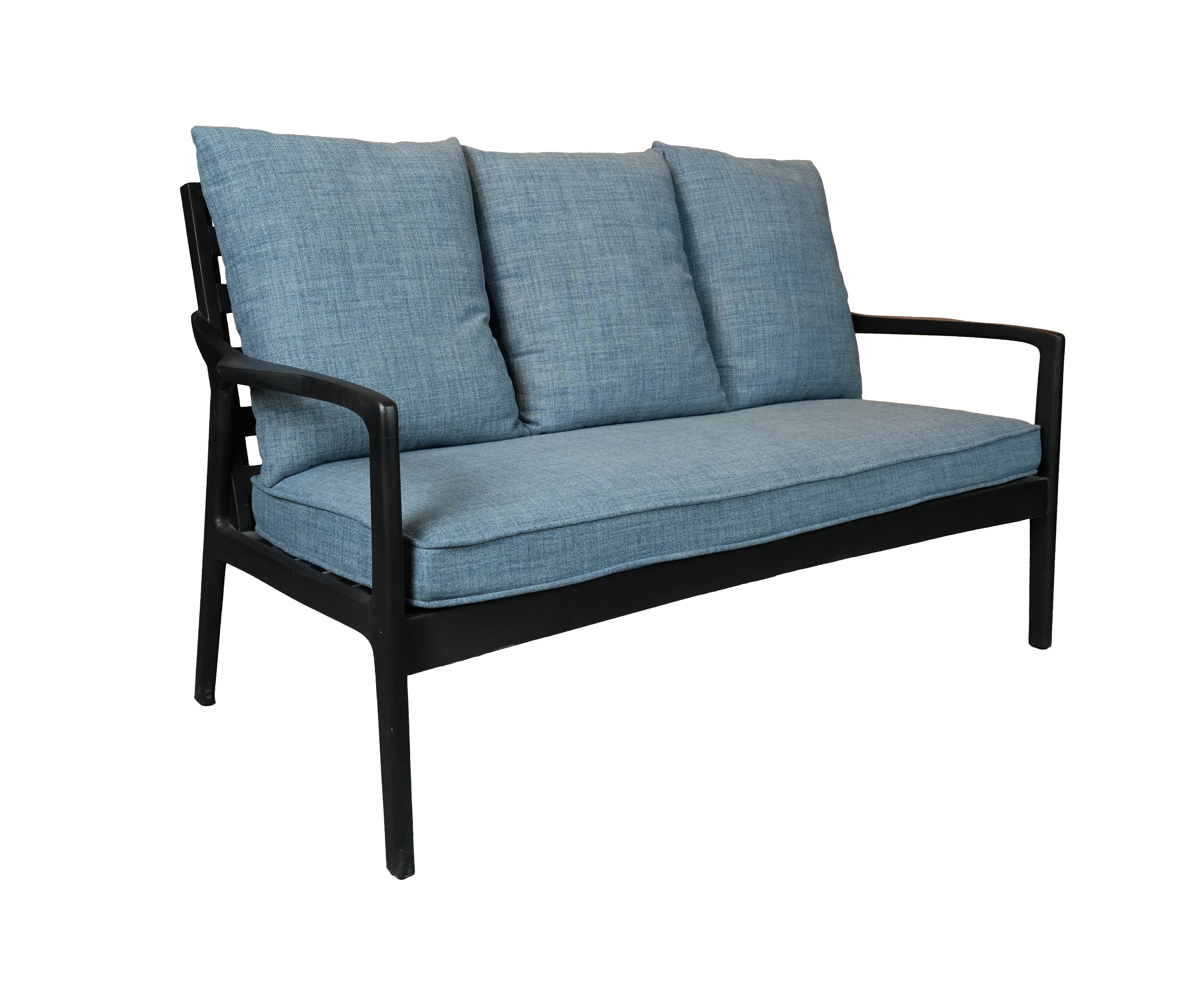 Mid-Century Textured Blue 3-Seater Sofa with Solid Wooden Frame