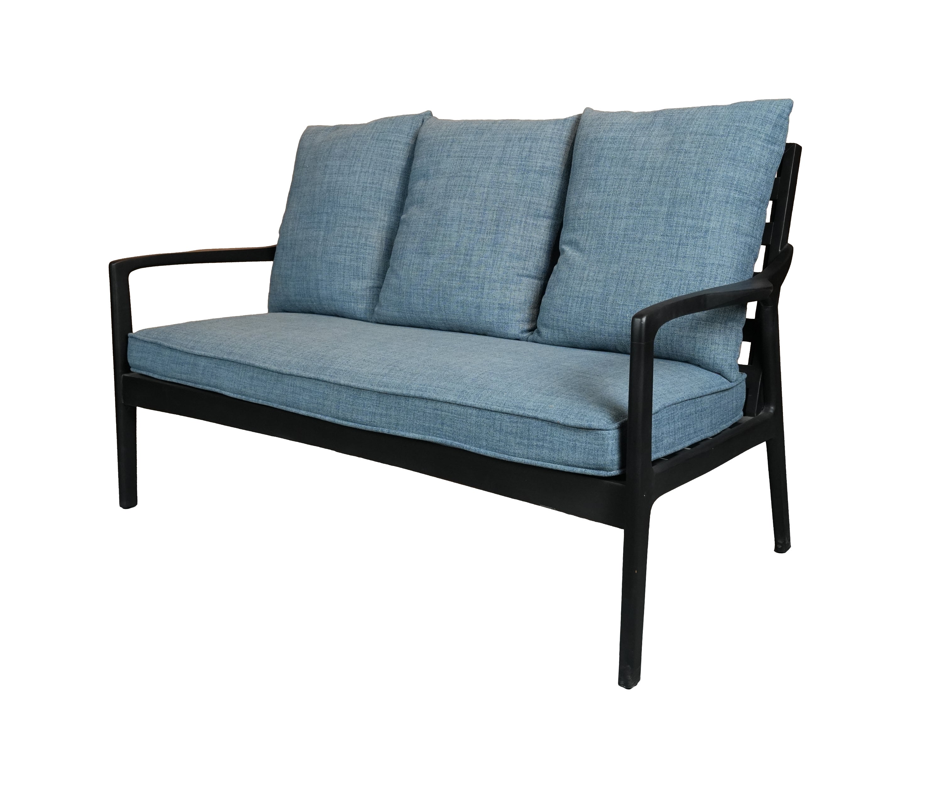 Mid-Century Textured Blue 3-Seater Sofa with Solid Wooden Frame