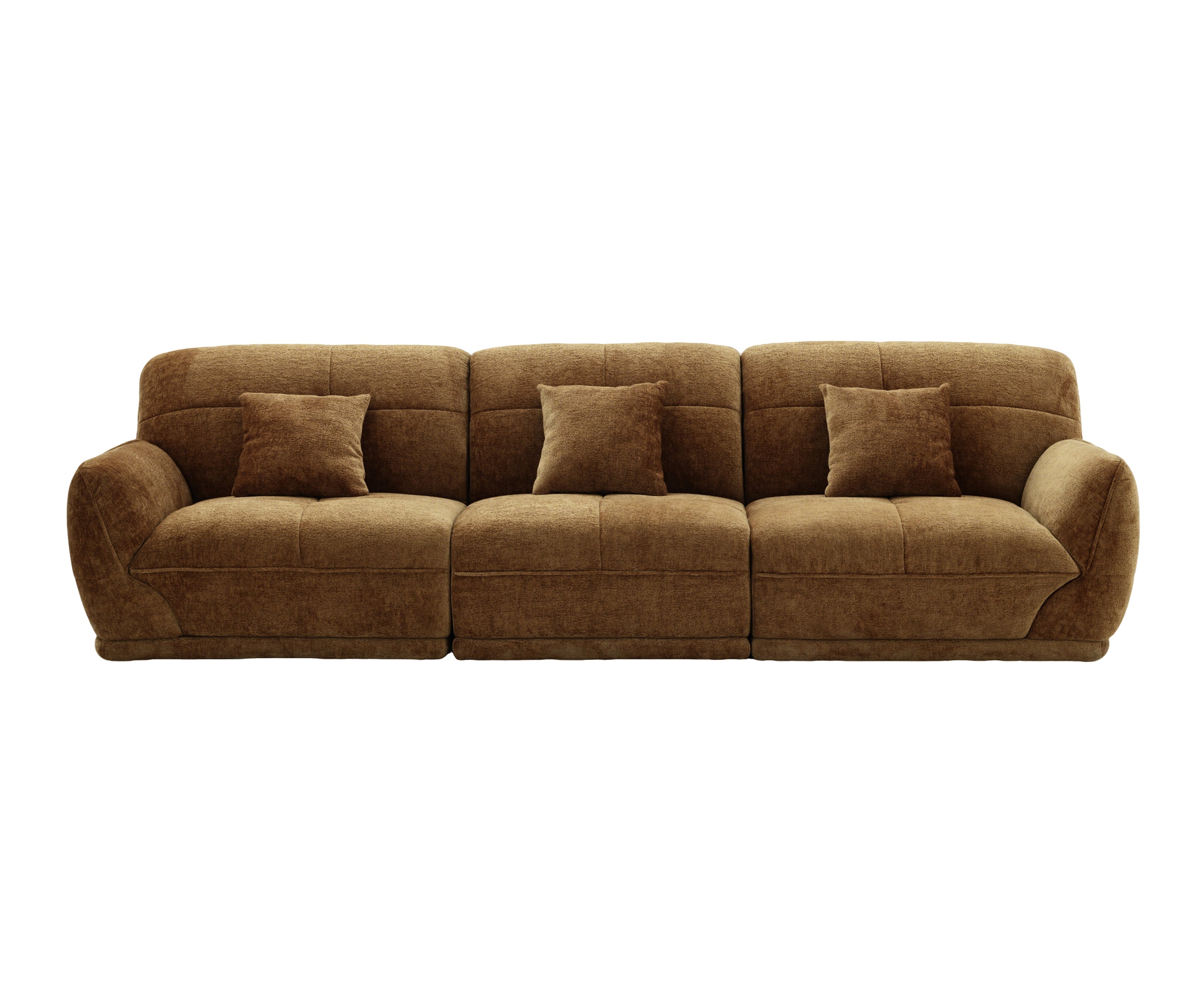 Caramel Brown Chenille 3-Seater Sofa with Grid-Tufted Back & Scatter Cushions