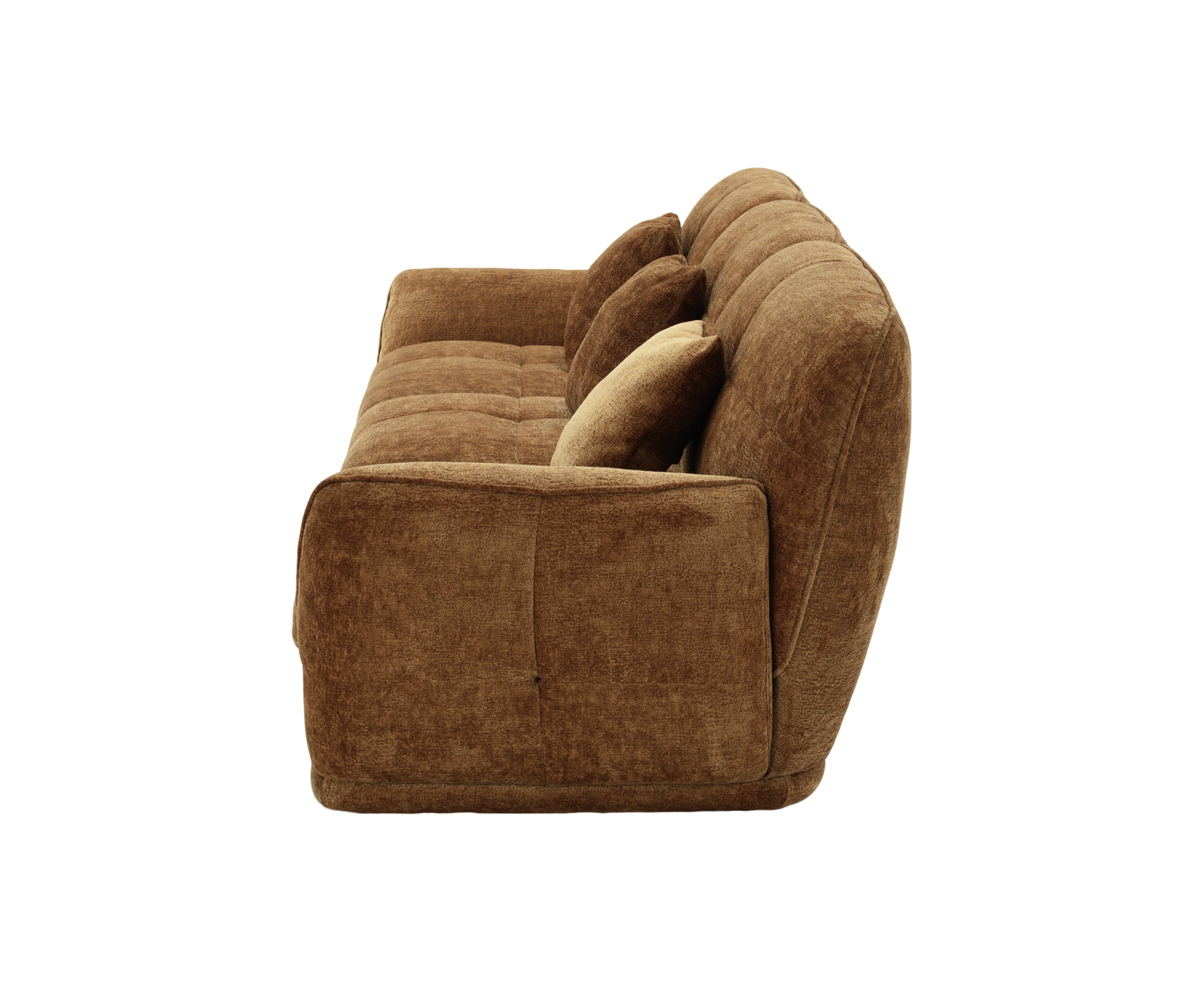 Caramel Brown Chenille 3-Seater Sofa with Grid-Tufted Back & Scatter Cushions
