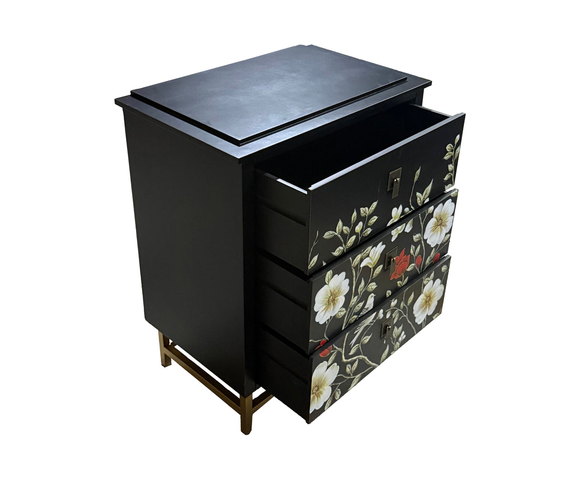 Matte Black Floral Accent 3-Drawer Nightstand with Metal Base