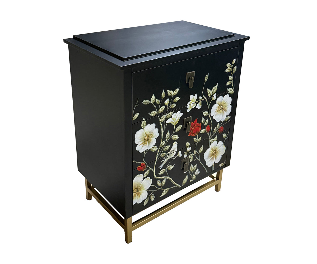 Matte Black Floral Accent 3-Drawer Nightstand with Metal Base