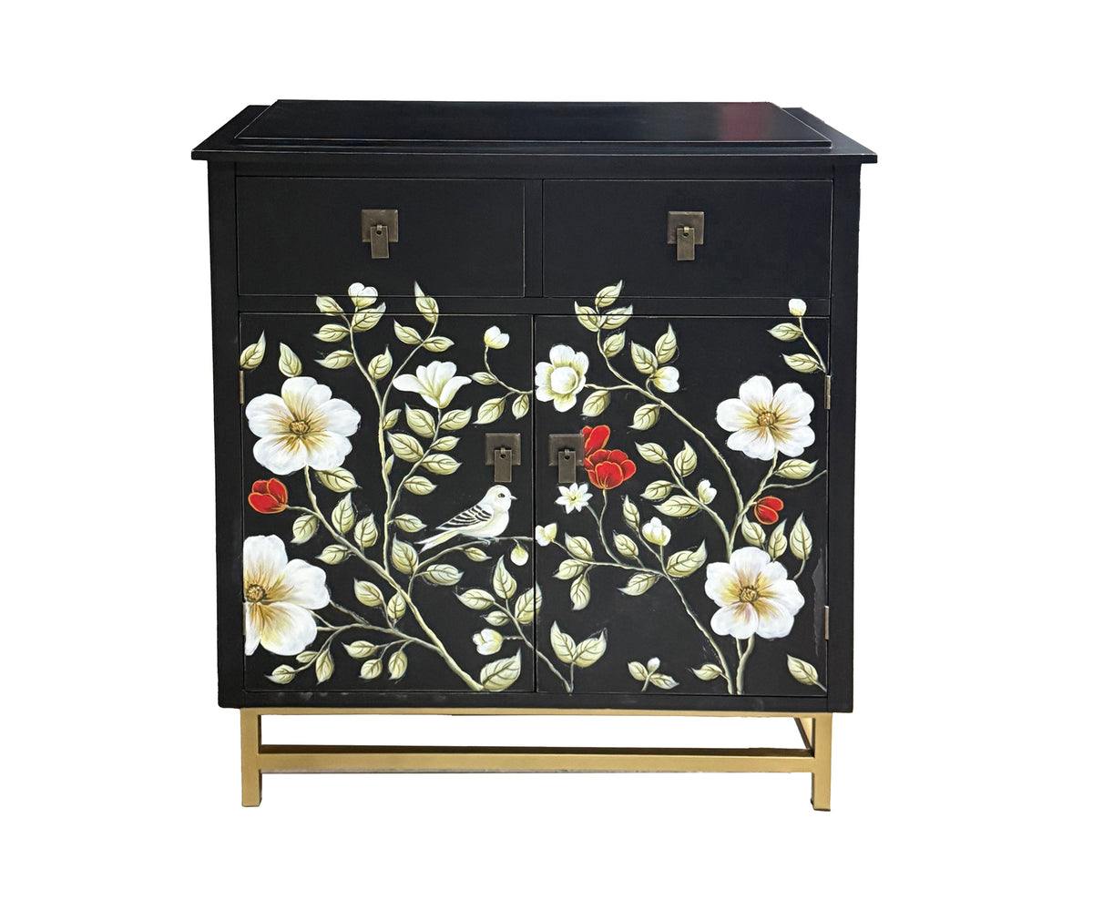 Charcoal Black Floral Wooden 2-Drawer & 2-Door Bedside Table