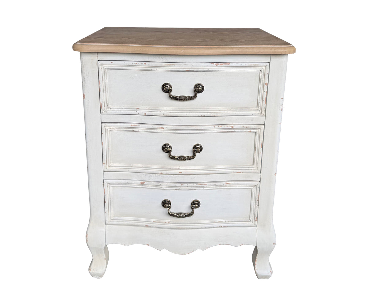 French Provincial Dual Toned 3-Drawer Bedside Table with Brown Top