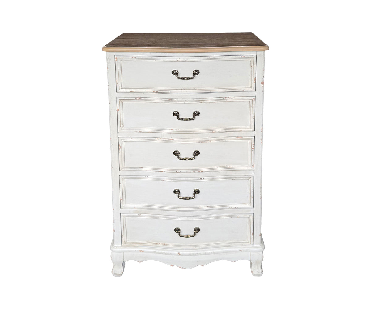 Tall French Provincial Teak 5-Drawer Bedside Table