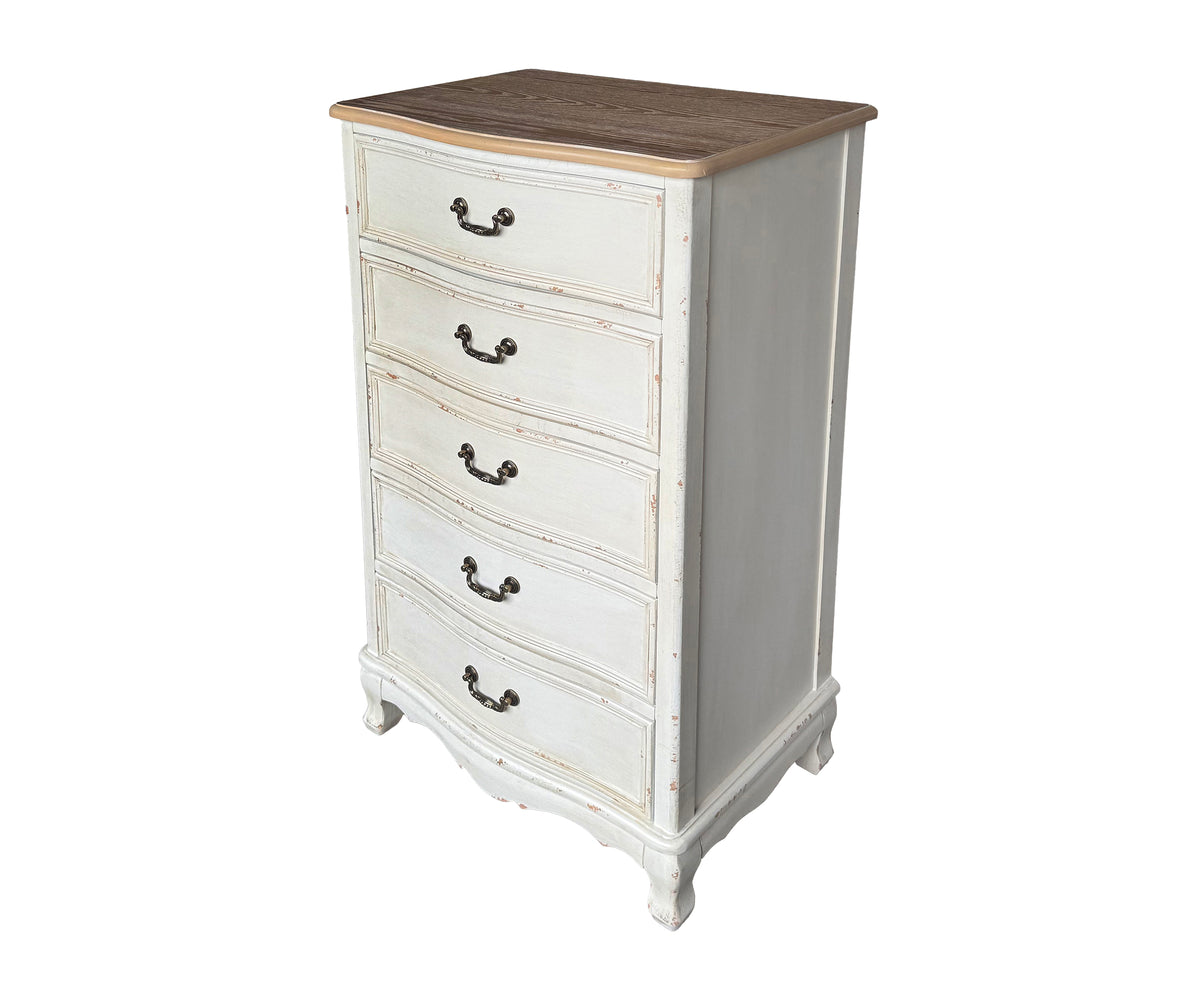 Tall French Provincial Teak 5-Drawer Bedside Table