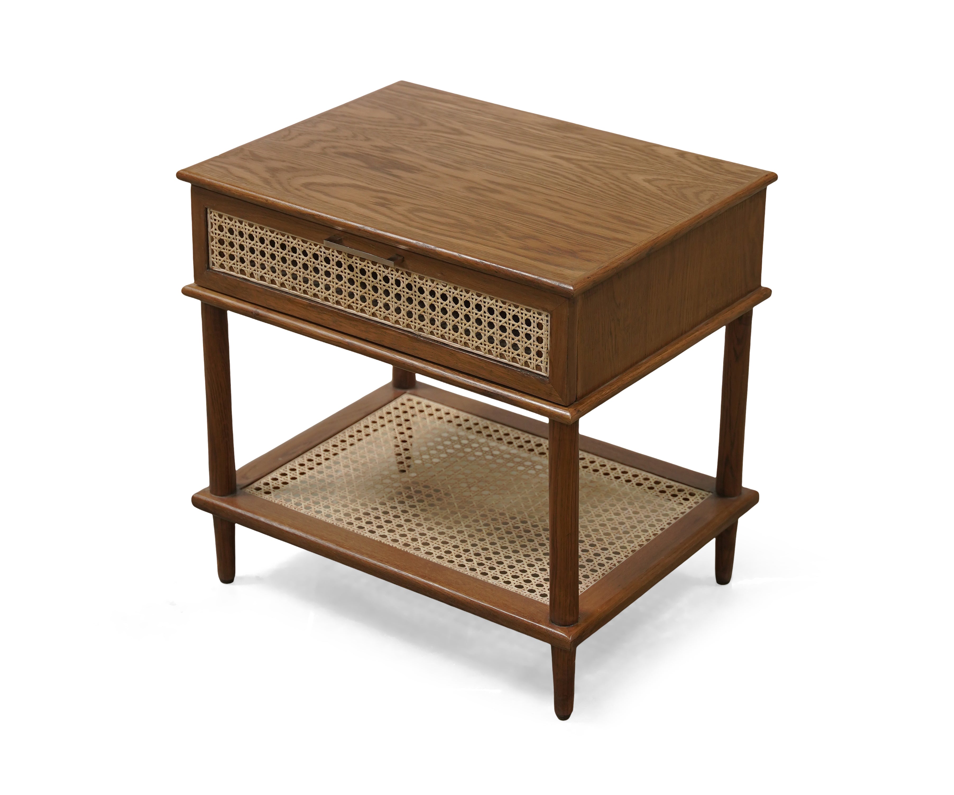 Walnut Cane Drawer Bed Side Table with Lower Shelf