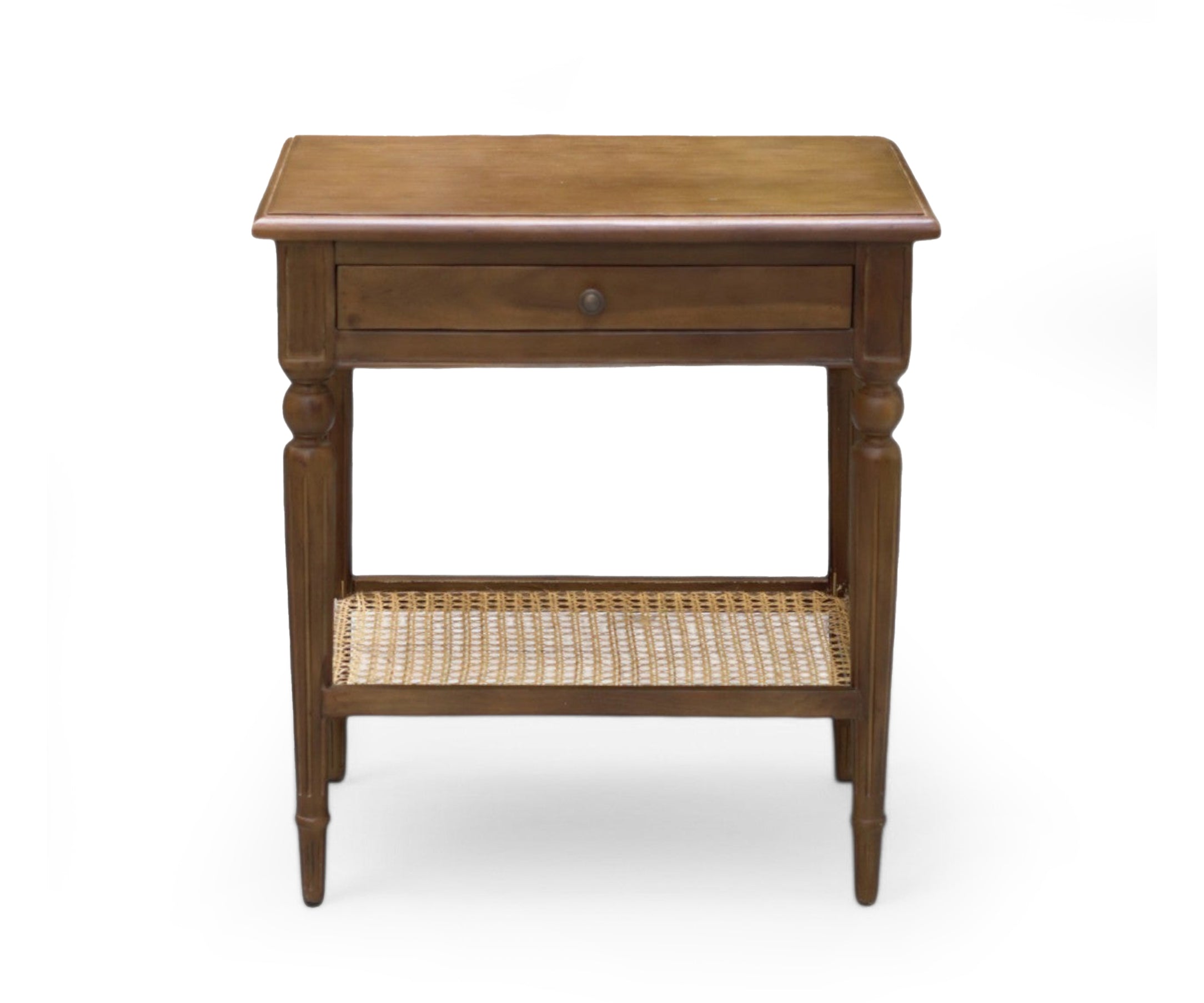 Walnut Cane Shelf Bed Side Table with Single Drawer