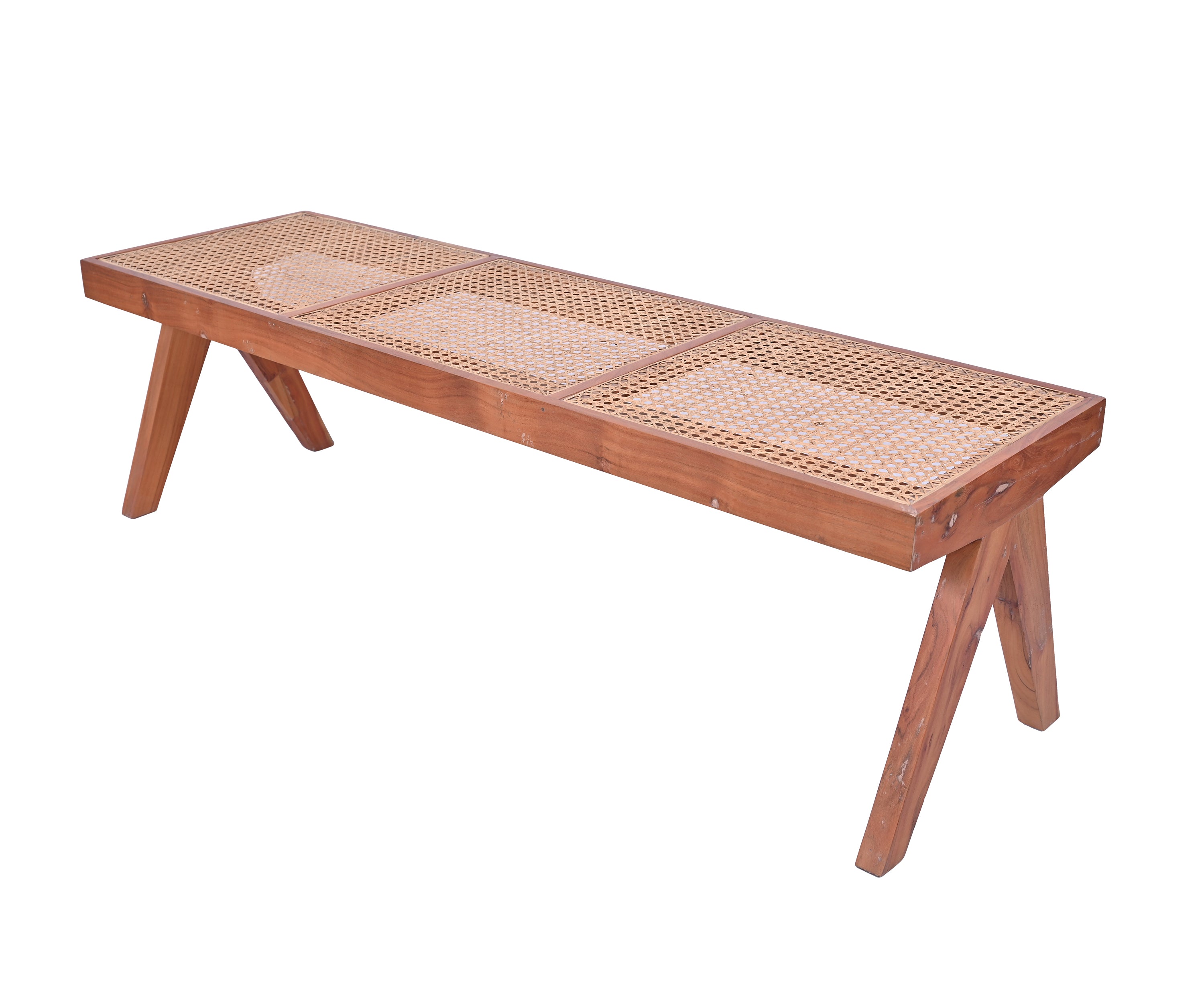 Warm Brown Cane Bench with Wooden Frame