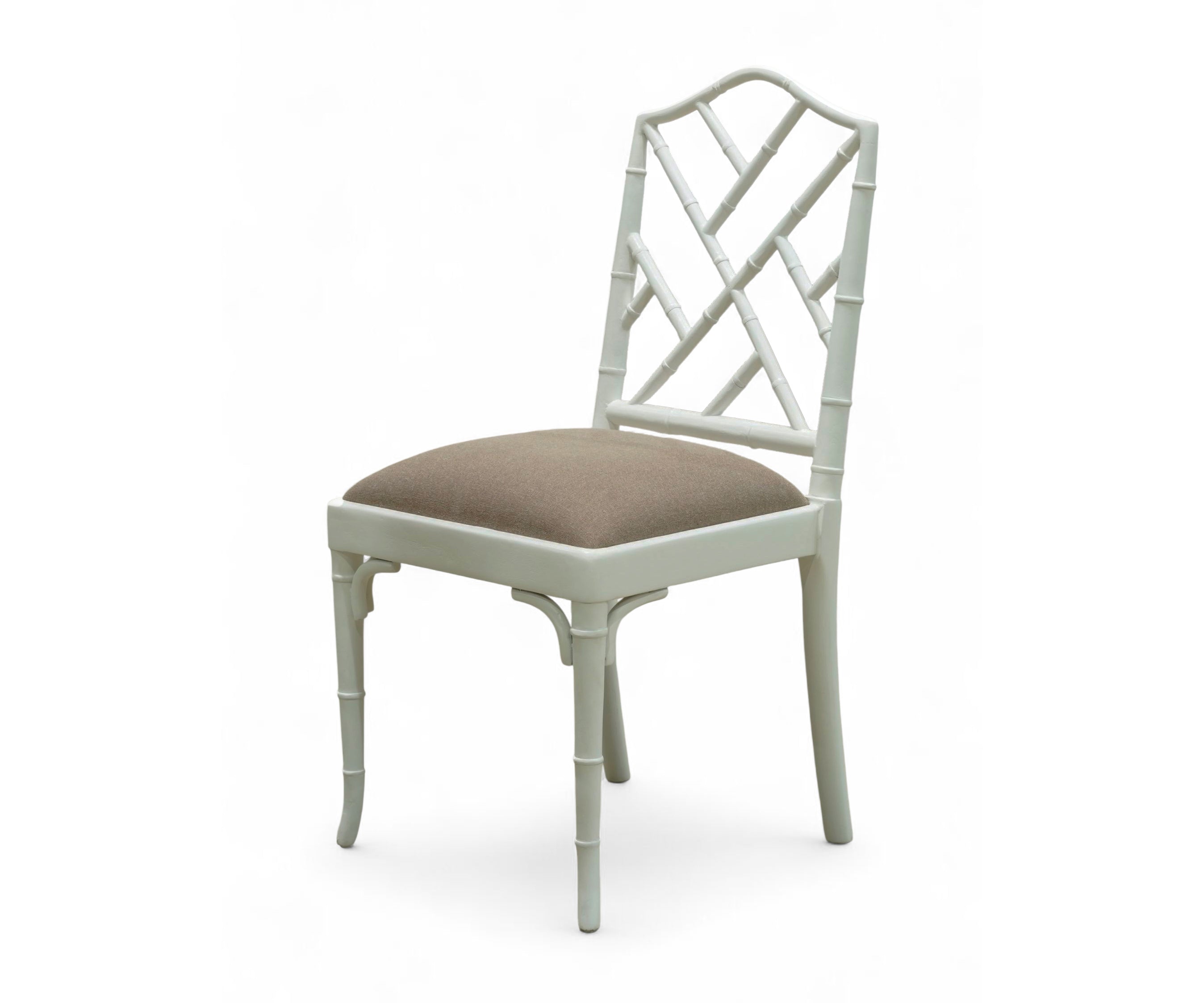 White Bamboo Lattice Dining Chair with Taupe Upholstered Seat