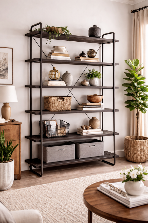 Industrial Wood and Metal Open Bookshelf with Cross Back