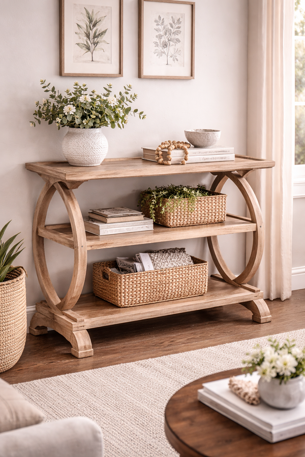Solid Wood 3 Tier Display Console Table with Circular Side Supports