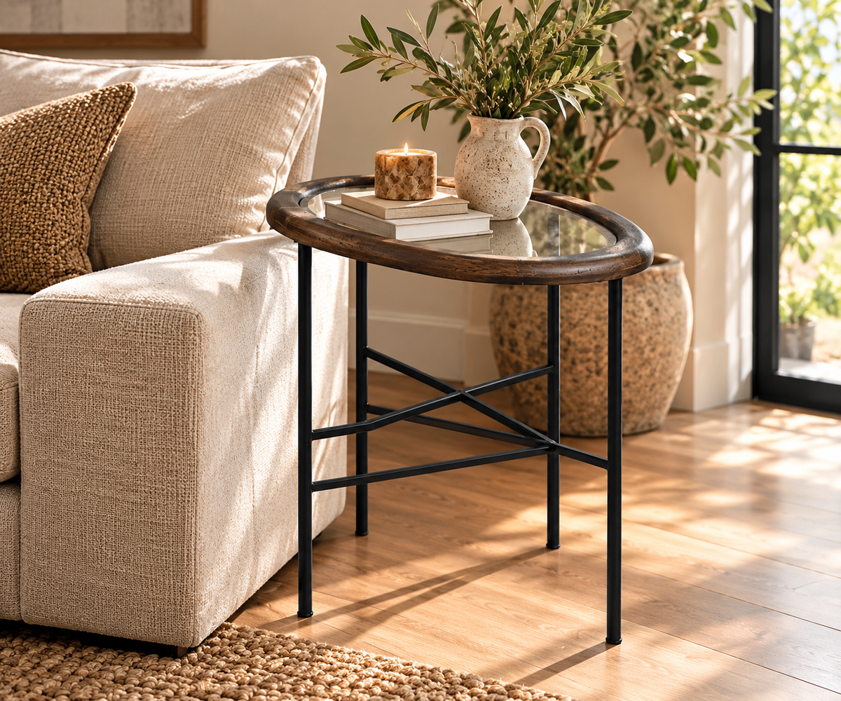 Compact Pebble Shape Glass Side Table with Metal Frame
