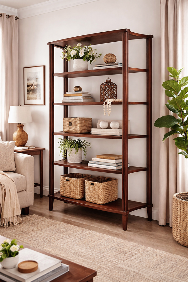 Solid Wood Open Display Bookshelf with Curved Shelves