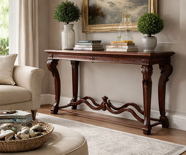 French Style Carved Wooden Console Table with Ornamental Stretcher Base