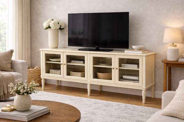 Classic Cream Solid Wood Media Cabinet with Glass Doors