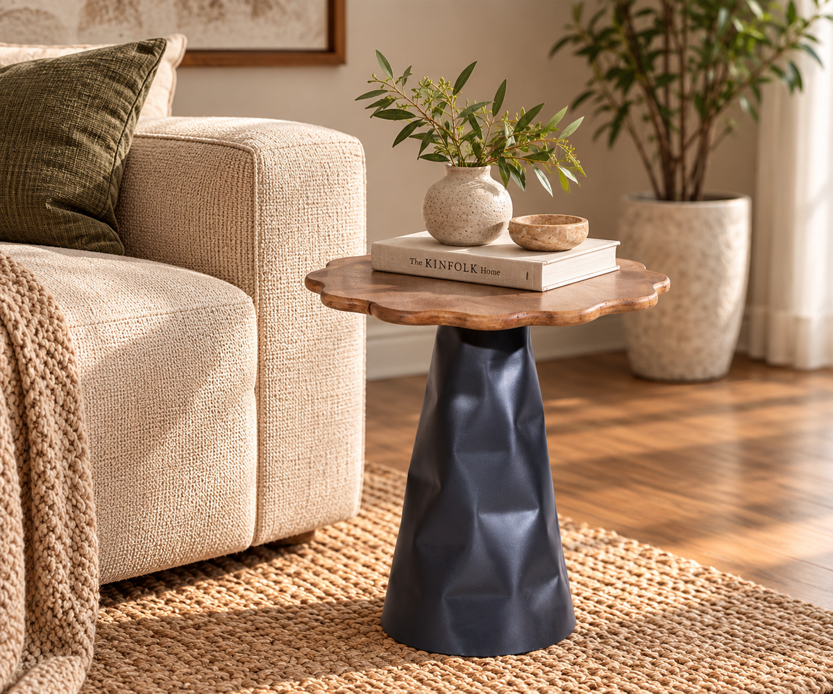 Charcoal Black Metal Grande Pedestal Table with Scalloped Wooden Top