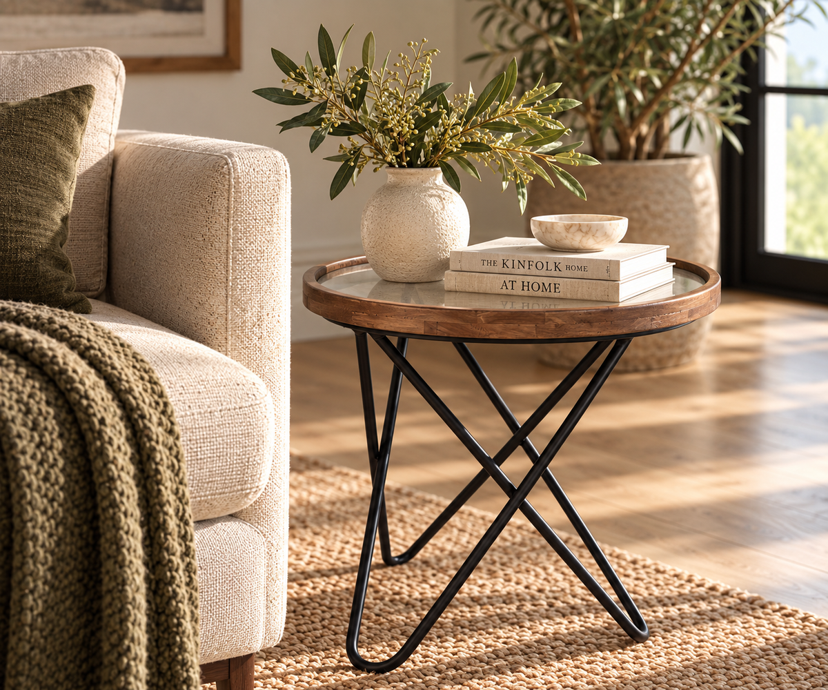 Compact Round Teak Side Table with Hairpin Metal Base