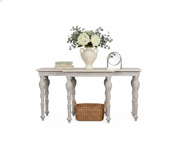 Distressed White French Style Carved Wooden Console Table