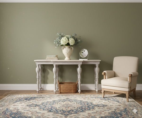 Distressed White French Style Carved Wooden Console Table